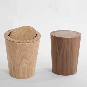 9L Garbage Can with Lid Waste Bins Solid Wood Wastebasket Home Cleaning Tools Round Trash Swing Cover Office Storage Baskets 210728