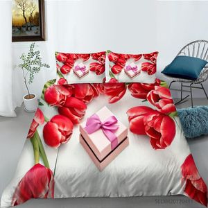 寝具セット贅沢な赤い花とギフトボックス印刷セットのキルトカバーピローケースの寝具寝具すべてサイズ2 / 3pcs