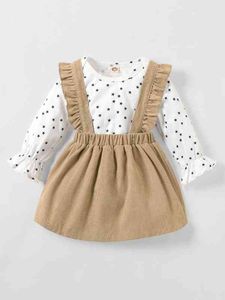 Bebek Yıldız Baskı Flush Sleeve Bodysuit Fırfırtı Trim Corduroy Genel Elbise O