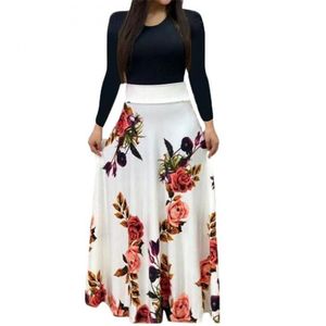 Casual Dresses Women Floral Print Dress Långärmad Rund Neck Patchwork Hög midja Slim Fit NYZ Shop