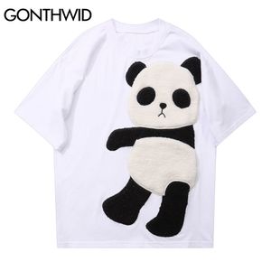 Gonthwid Harajuku Tişörtleri Panda Patchwork Kısa Kollu Tees Gömlek Hip Hop Moda Rahat Pamuk T-Shirt Streetwear Yaz Tops C0315