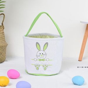 Påskfest kaninkorg äggväskor för barn kanfas bomulls kanintryck skopor med fluffiga svans gåvor väska till Easters Lle11547