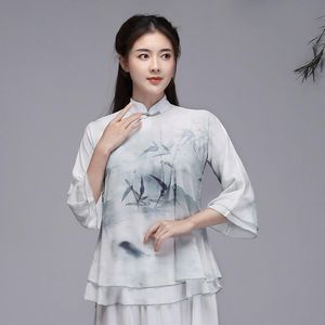 民族服夏中国の伝統的な唐スーツトップヴィンテージの女性シフォンインクプリントグラデーション禅シャツ妖精のファンシーブラウス31506