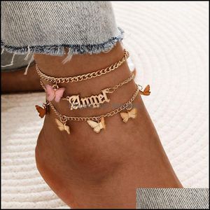 Anklets 3 st/set länkkedja fjäril charm ankelarmband för kvinnor ängel inledande armband ben anklet smycken fotkedjor droppleverans 2