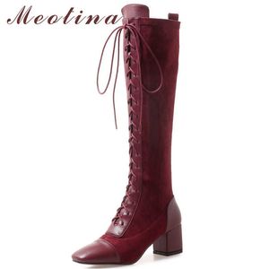 Meotina Autumn Knee High Boots Women Natural Genuine Leather Thick High Heel Long Boots Lace Up Square Toe Shoes Lady Size 3-10 210608