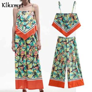 KLKXMYT ZA SETS Kobiety Moda Wydruk Cropped Tank Tops Kobieta Wysoka Paisty Szerokie Pant We Female Lato 2 Sztuka 210527