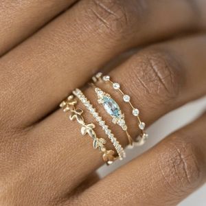 Rings Princess exquisite bride wedding accessories jewelry lady 18K pure gold natural aquamarine engagement 4pcs ring set gift