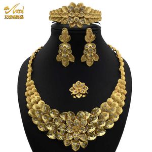 ANIID Jewelery Sets Indian Bridal Earrings For Womens Gold Plated Jewelry Flower Necklace Wedding Rings 4-Pcs Ethiopian Nigerian H1022