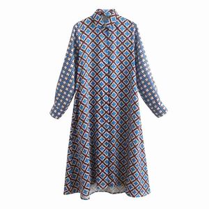 Kadın Yaz Vintage Baskı Elbise Uzun Kollu Turn-down Yaka Düğmeleri Elbiseler Kadın Zarif Düz Gömlek Elbise Vestidos 210915