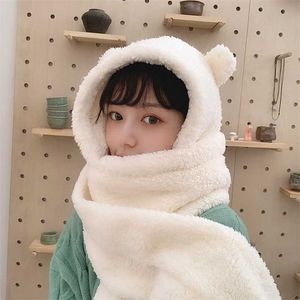 Moda Zima Kobiety Nowość Czapki Czapki Ciepłe śliczne Niedźwiedź Ear Hat Plush Scarf Set Solid Gift 211119