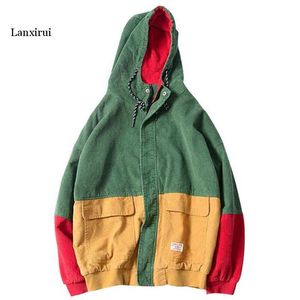 Cor bloco patchwork corduro jaquetas com capuz homens hip hop zipper acima hoodies casacos masculino casual streetwear outerwear x0621