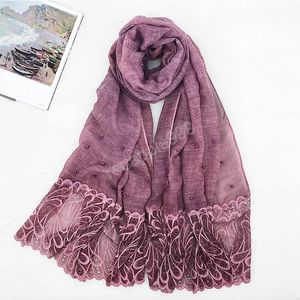 Women Lace Floral Hijab Scarf Pearls Shawls Scarves Muslim Long Wraps Fashion Islamic Large Turban Female Headband 180*80cm