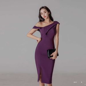 Summer Work Office Party Dresses Women Vintage Slim Seksowna Jedna Ramię Dress Dress Elegant Korean Bodycon Vestidos 210529