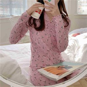 V-Ausschnitt Nachtwäsche Frühling Floral Bedruckte Frauen Home Chic Bequeme koreanische Baumwolle Mode Pyjamas Anzüge Sets 210525