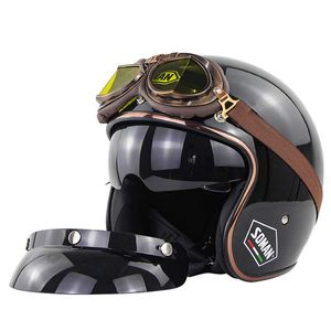 스쿠터 레트로 헬멧 오토바이 오픈 얼굴 헬멧 가죽 스쿠터 헬멧 3/4 초퍼 Casco Moto Vespa 빈티지 오토바이 헬멧 Q0630