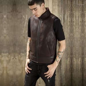 Couro Masculino Faux Outono e Inverno Colete de Pele Quente Jaqueta Genuine Homens Curto Stand Colar Original Ecológico One Sheepskin Waistcoat