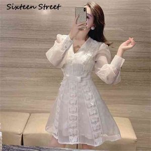 Elegant V-neck Dress Woman Lantern Sleeve white solid lace butterfly Spring Short dress female vintage vestido autumn 210603
