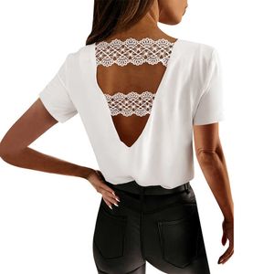 T-shirt da donna senza schienale in patchwork di pizzo sexy T-shirt da festa casual a maniche corte estive T-shirt eleganti da donna con scollo a V da ufficio Top bianchi larghi 210526