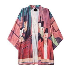 Mäns Casual Shirts Japanska Kimonos Män Sommar Kostymer Harajuku Oljemålning Skriv ut Lösa Kvinnor Cardigan Samurai Japan Traditionella rockar