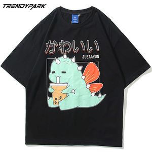 T-shirt dos homens de verão manga curta bonitinho pequeno dinossauro hip hop de algodão de grandes dimensões casuais harajuku streetwear top tshirts 210601