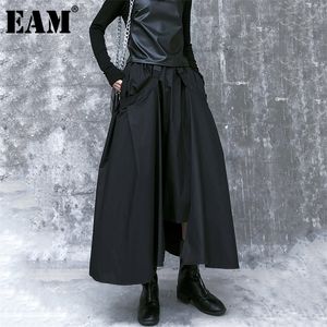 [EAM] Hohe elastische Taille schwarz Schnalle Split Joint unregelmäßige Halbkörperrock Frauen Mode Flut neue Frühling Herbst 1DA108 210311