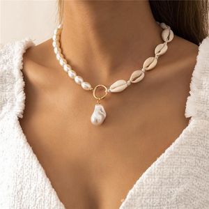Sea Shell Imitation Pearl Splice Chains Single Circle Vacation Necklaces Women Alloy Beach Dress Gold Link Kedja Halsband Smycken