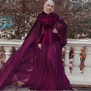 Velvet Muslim Evening Dresses High Neck Plus Size Prom Crows Långärmade Med Wrap Vestidos De Fiesta Formell Klänning