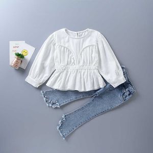 2-7 years high quality girl clothing set autumn casual tiered ruched solid shirt + pearl denim pant kid children clothi 210615