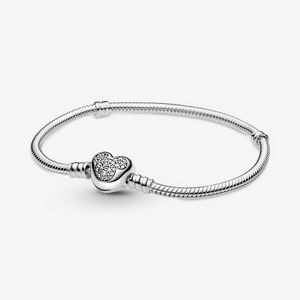 Gioielli di design Bracciale in argento 925 con ciondolo perline adatto a Pandora Pave Chiusura a cuore Catena a serpente Bracciali scorrevoli Perline Charms in stile europeo Perline di Murano