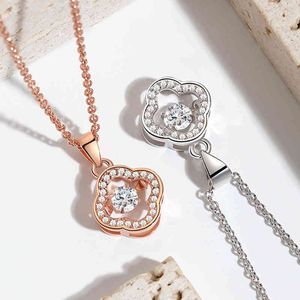 Collana con ciondolo danzante con pietra principale Lucky Grass, cuore pulsante in oro rosa, versione coreana, trifoglio semplice e flessibile