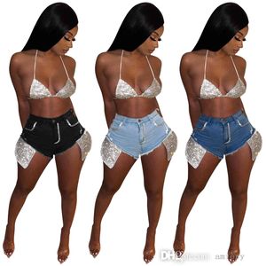 Kobiety Dżinsowe Spodenki Letnie Tassel Spodnie Designer Odzież Seksowna Moda Cekiny Hot Wiertło Umyte Dżinsy Night Club nad kolanem z kieszenią