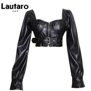 Lautaro Y2K Svart Faux Läder Skörd Top Kvinnor Square Neck Långärmad Zipper Beskuren Jacka Plus Storlek Sexig Backless Fashion 211118