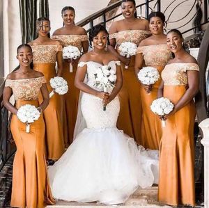 African Nigerian Mermaid Orange Bridesmaid Dresses Long Off The Shoulder Appliqued Satin Dress For Wedding Party PRO232