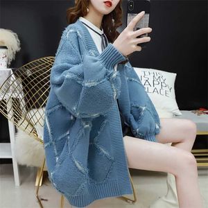 Red Knitted Sweater Women Student Tops Autumn Korean Fashion Plus size Loose Frayed Long sleeve Knitting Cardigan Ladies Jumper 211011