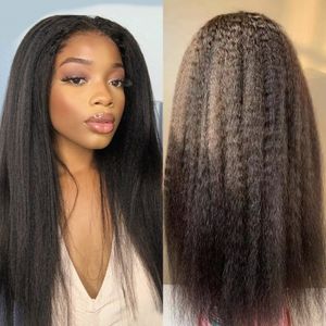 Middle U Part Wig Kinky Straight Malaysian Remy Human Hair Natural Color None Lace Glueless Wig