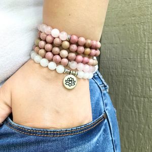 MG1352 Rhodonite Natural 108 Mala Pulseira Rosa Quartzo Moonstone Envoltório Mala Pulseira Mulheres Meditação Espiritual Yoga Jóias