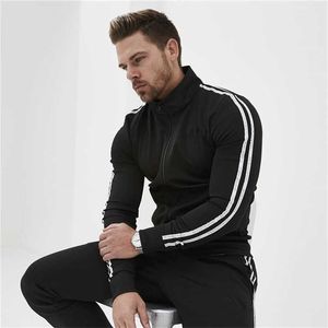 2021 Yaka Saf Renk Şerit Kış Erkekler Eğlence Spor Suit Eğlence Spor Ceket Fermuar Jogging Suits Özelleştirilebilir Desen Y0831