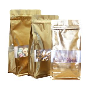 30Pcs Stand Up Gold Mylar Foil Frosted Window Organ Bag Goffratura Cerniera Sigillo Richiudibile Tassello Laterale Conservazione Degli Alimenti Pack Sacchetti