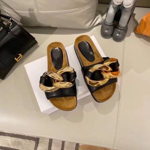 Luxury Designer Top Quality Leather Metal Chain women slipper sandals Slides Summer Fashion Indoor Slippers Wide Flat Flip Flop Mules With Box