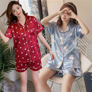 Lato z krótkim rękawem Silek Satin Print Piżamy Zestawy dla kobiet Spodenki Piżamy Piżama Homewear Pijama Mujer Domowe ubrania 210831