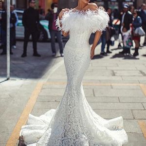 White Feather Prom Dresses Sexy Off Shoulder Full Lace Mermaid Evening Dress Elegant Fishtail Cocktail Marriage Custom Made Sweep Train Formal Party Gown