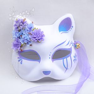 Giapponese Kimono Fox Cat Mask dipinto a mano Anime Purple Blue Gradient Silk Flower Bell Cosplay