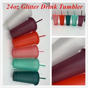 Glitter Drink Tumbler 24oz glitter Bicchiere di plastica scintillante Bicchieri con cannuccia Estate Riutilizzabile tazza per bevande fredde bella Birra al caffè