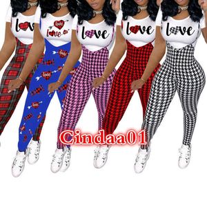 Women Two Pieces Pants Designer Outfits Slim Sexy Commuting Letters Love Pattern Printed Suit Short Sleeve Overalls Sportwear