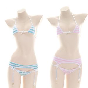 Bras Sets Japanese Sexy Lingerie Women Lolita Kawaii Blue Pink White Striped Mini Bikini Adult Cosplay Costumes Bra Underwear Set