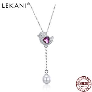 LEKANI Niedlicher Vogel 925 Sterling Silber Herz Österreich Kristall Halskette Muschel Perle Doppel Anhänger Ankunft Schmuck