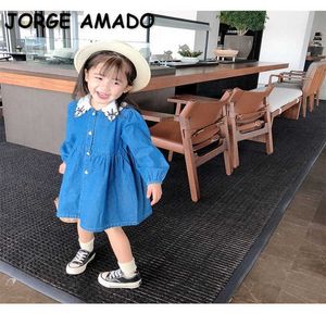 Koreański styl wiosna dziewczyny sukienki długie rękawy Denim Peter Pan Collar Princess Girl Clothes E3068 210610