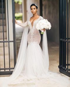 2022 Arabic Aso Ebi Sexy Luxurious Mermaid Wedding Dresses Bridal Dress Deep V Neck Illusion Lace Beading Crystals Gowns With Cape Sweep Train Long Sleeves CG001