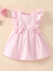 Baby Allover Print Bow Side Ruffle Trim Klänning Hon