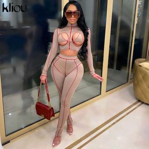 KLIU PACTWORK CALLOW OUT OUT SLIPPER 2 Piece Set Женщины Streetwear Sexy Bikini Turtleneck Top + Bodycon Leggings Party Clubwear Костюмы Y0625